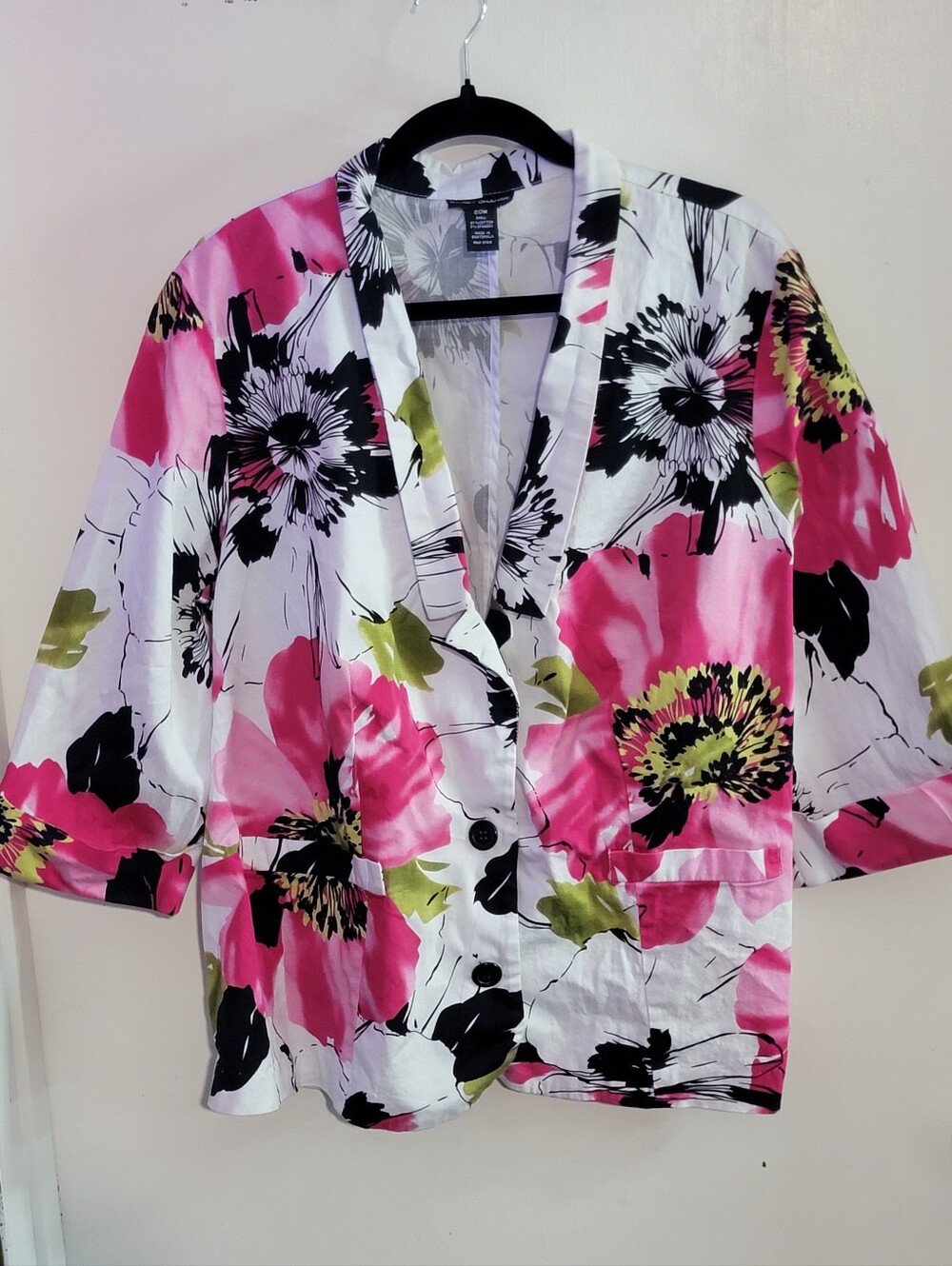 Bright Floral Button-Front Blazer Jacket - Pink, Black & Green